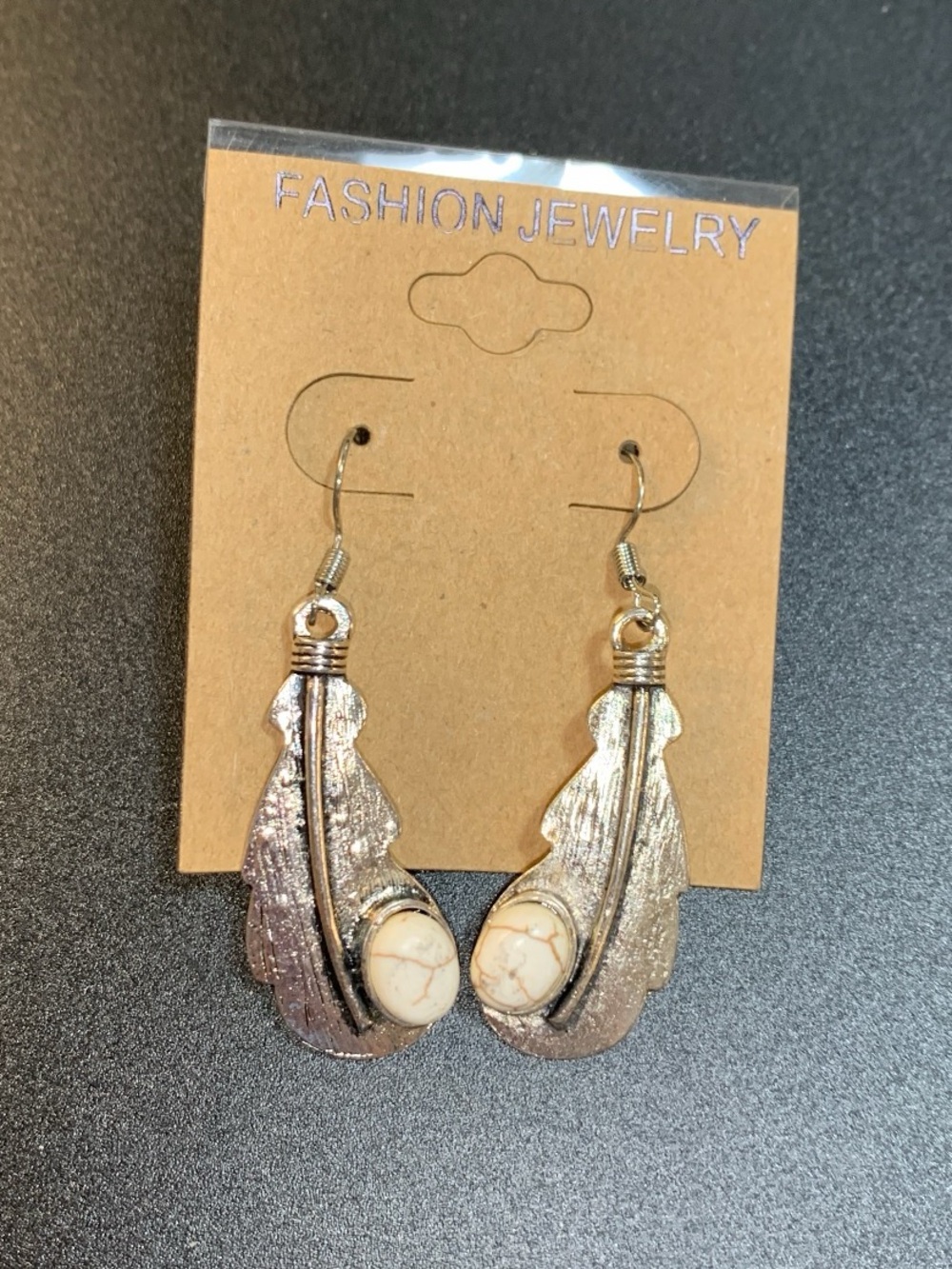 Silver tone Feather Drop Earrings with Cream Howlite Stone western boho
